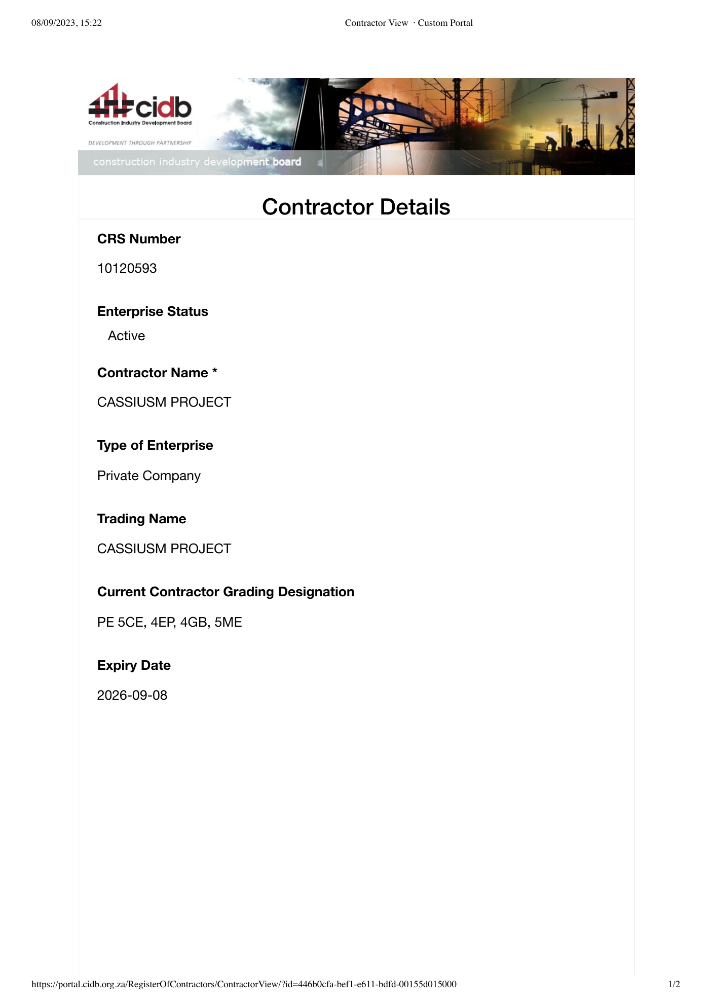 CIDB contractor registration visual for CassiusM Project