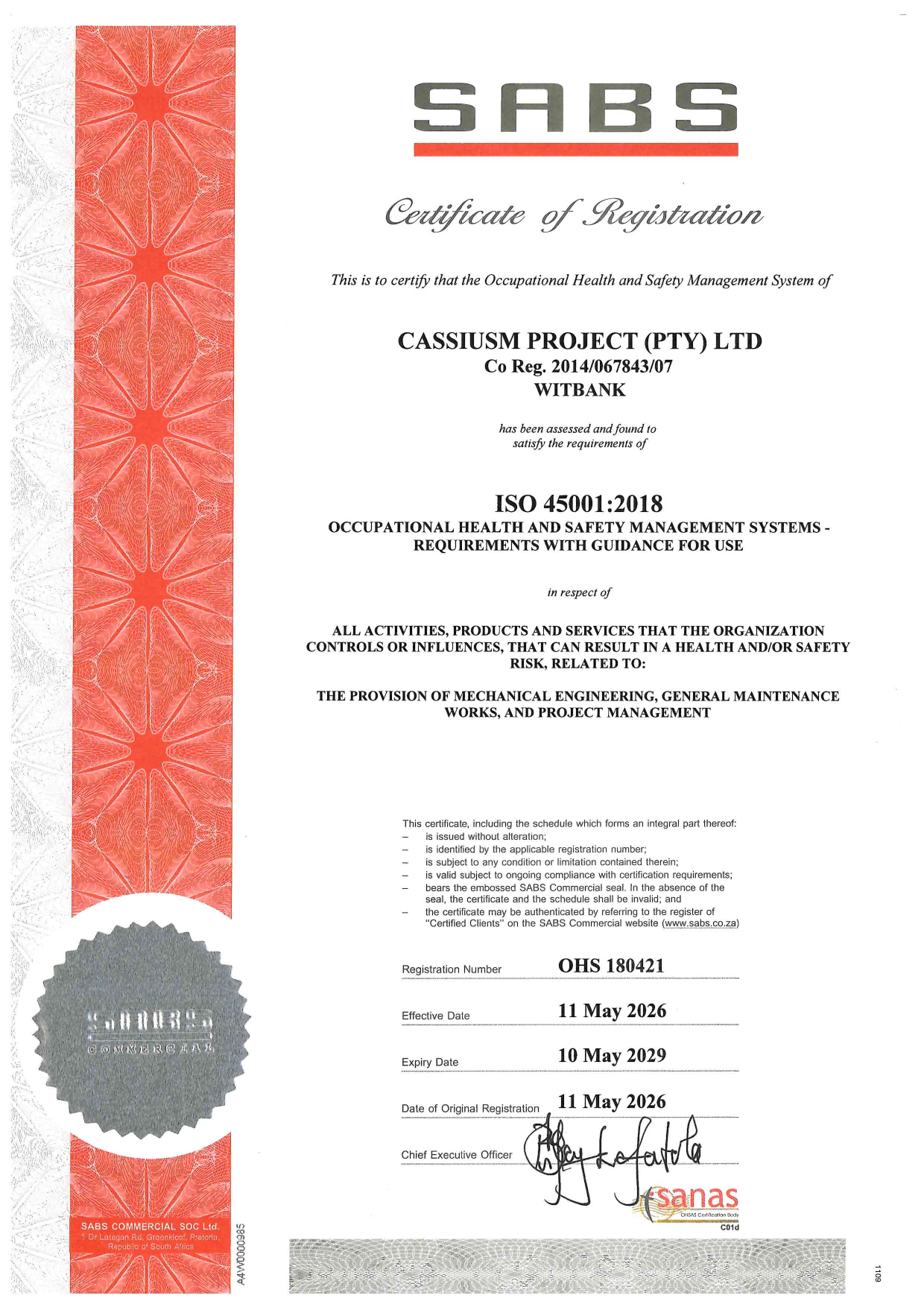 SABS ISO 45001:2018 certificate visual for CassiusM Project