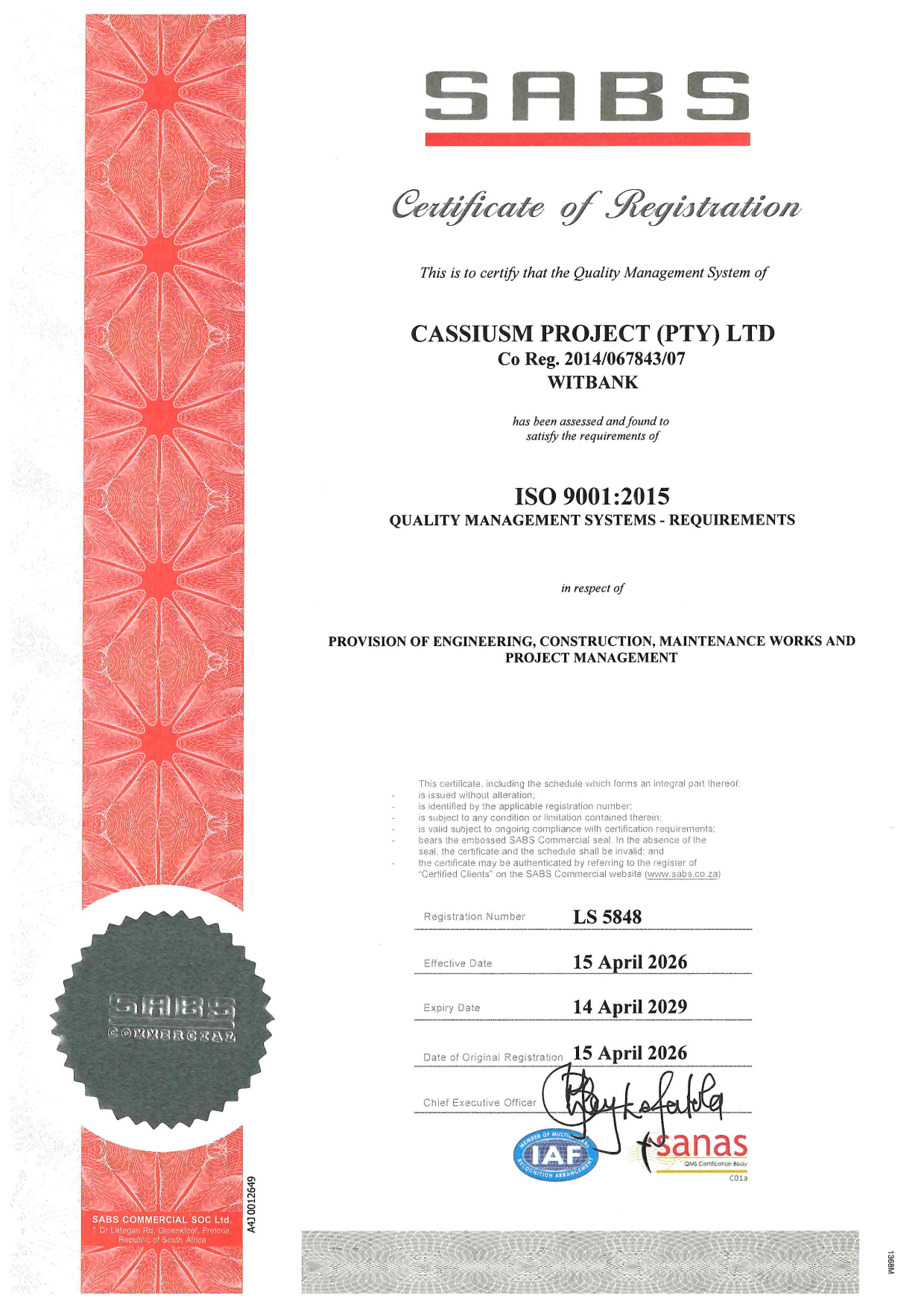 SABS ISO 9001:2015 certificate visual for CassiusM Project